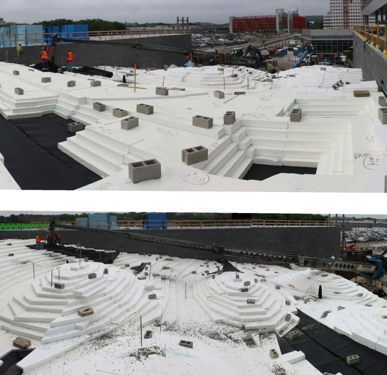 Construction site at New Balance World Headquarters of geofoam blocks used to sculpt the landscape for the lawn mounds. Construction administration photo with workers in safety vests, cranes, and construction equipment visible.