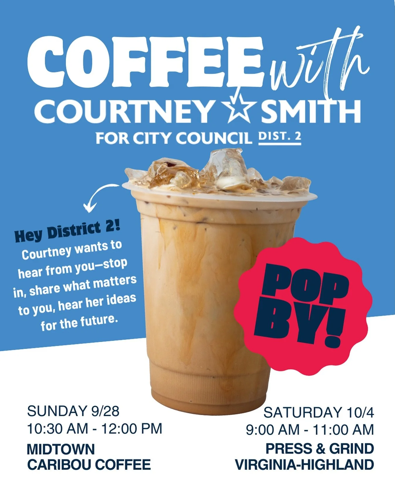 ☕ We are popping up all over District 2!  Let’s spend some time together in my favorite spot - a coffee shop. Stay for a few minutes or a while. 
Midtown Caribou Coffee
Sunday, 9/28 | 10:30 AM – 12:00 PM
Press & Grind, Virginia-High