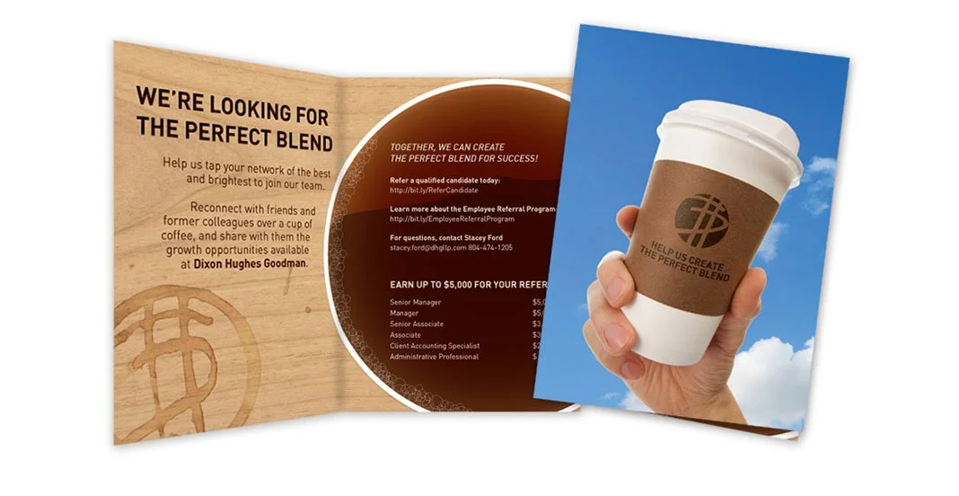 Open recruitment flyer with coffee cup image and promotional message.