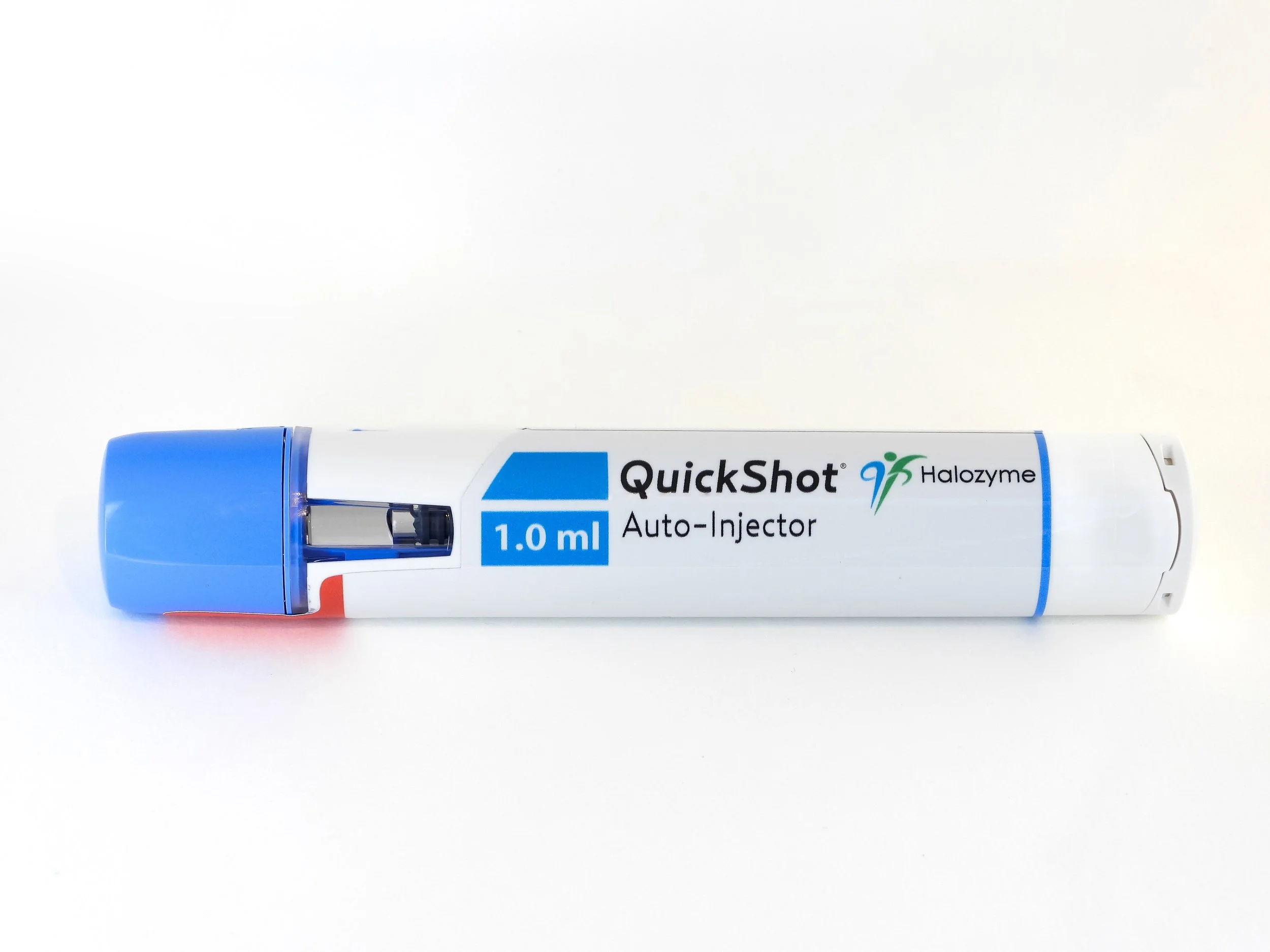 QuickShot Halozyme 1.0 ml auto-injector device with blue and white body and a blue cap, placed on a white background.