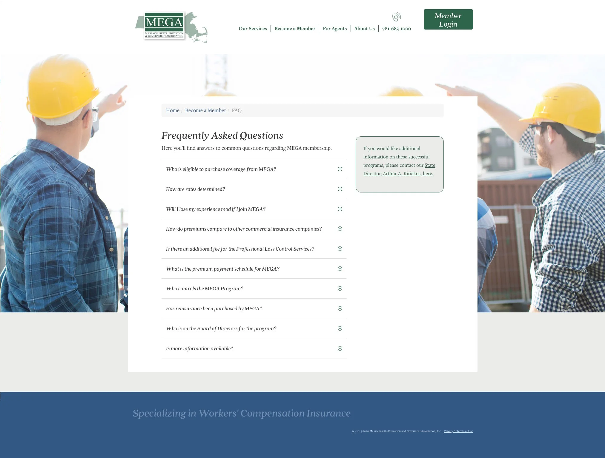 Screenshot of a webpage with a FAQ section about MEGA insurance, showing construction workers in yellow safety helmets pointing, and a navigation bar at the top.