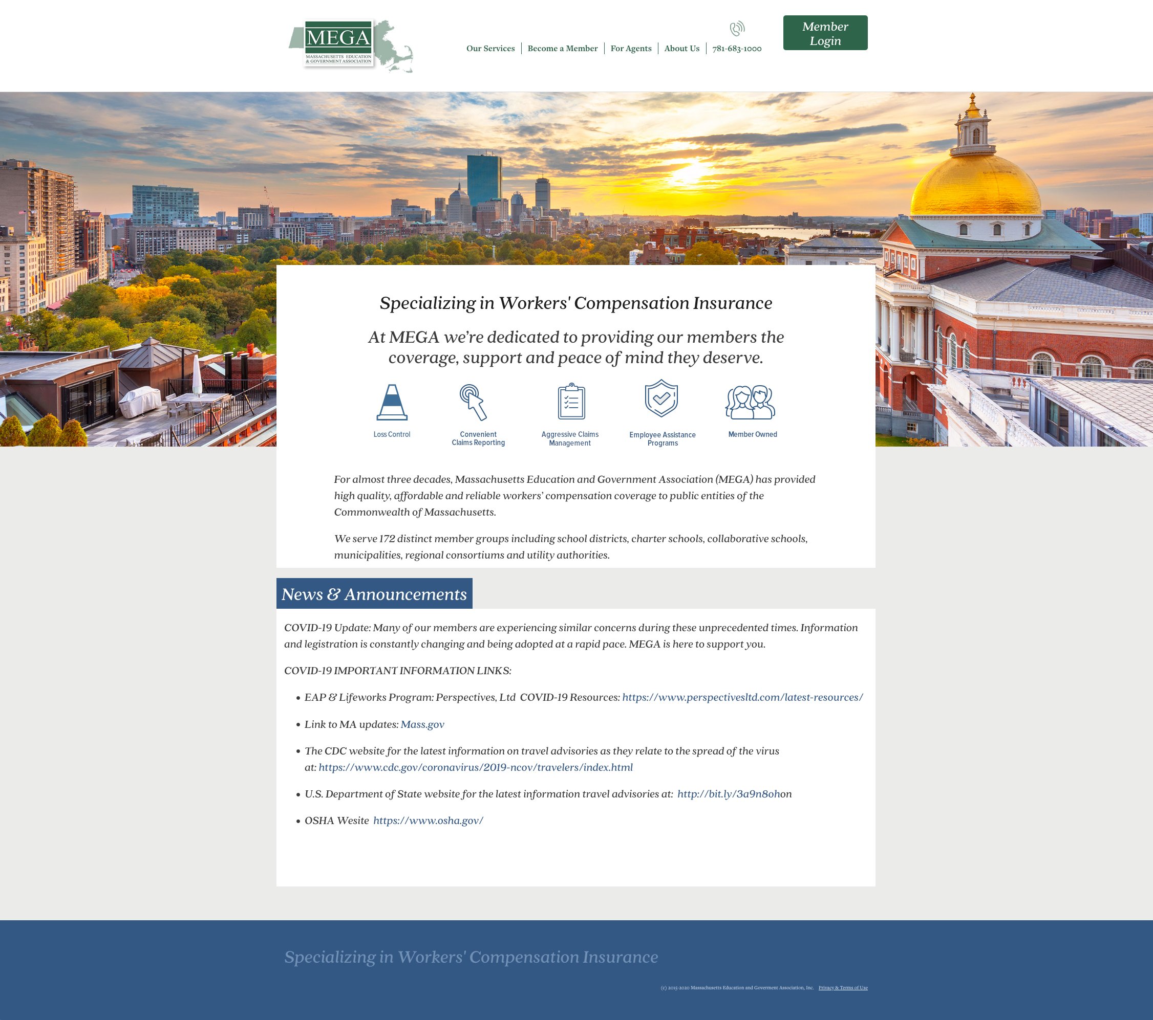 Screenshot of a website homepage for Massachusetts Education and Government Association (MEGA) featuring a city skyline with a sunset sky, and a domed building with a gold-colored roof.