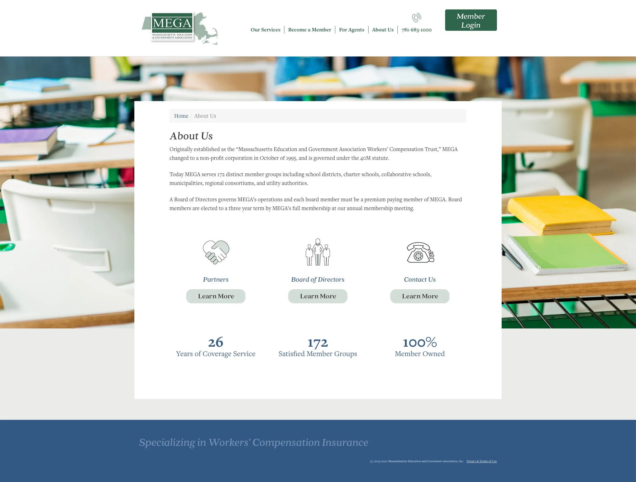 A webpage for the Massachusetts Education and Government Association (MEGA) with an 'About Us' section, icons for partners, board of directors, and contact, and statistics showing 26 years of service, 172 member groups, and 100% member owned, over a 