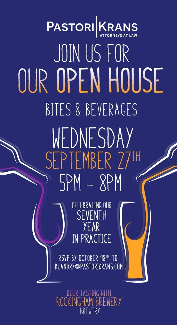 Invitation for Pastor Krans law firm's open house event featuring drinks, drinks tasting, and celebration of their seventh year in practice, scheduled for Wednesday, September 27 from 5 PM to 8 PM, with RSVP details.