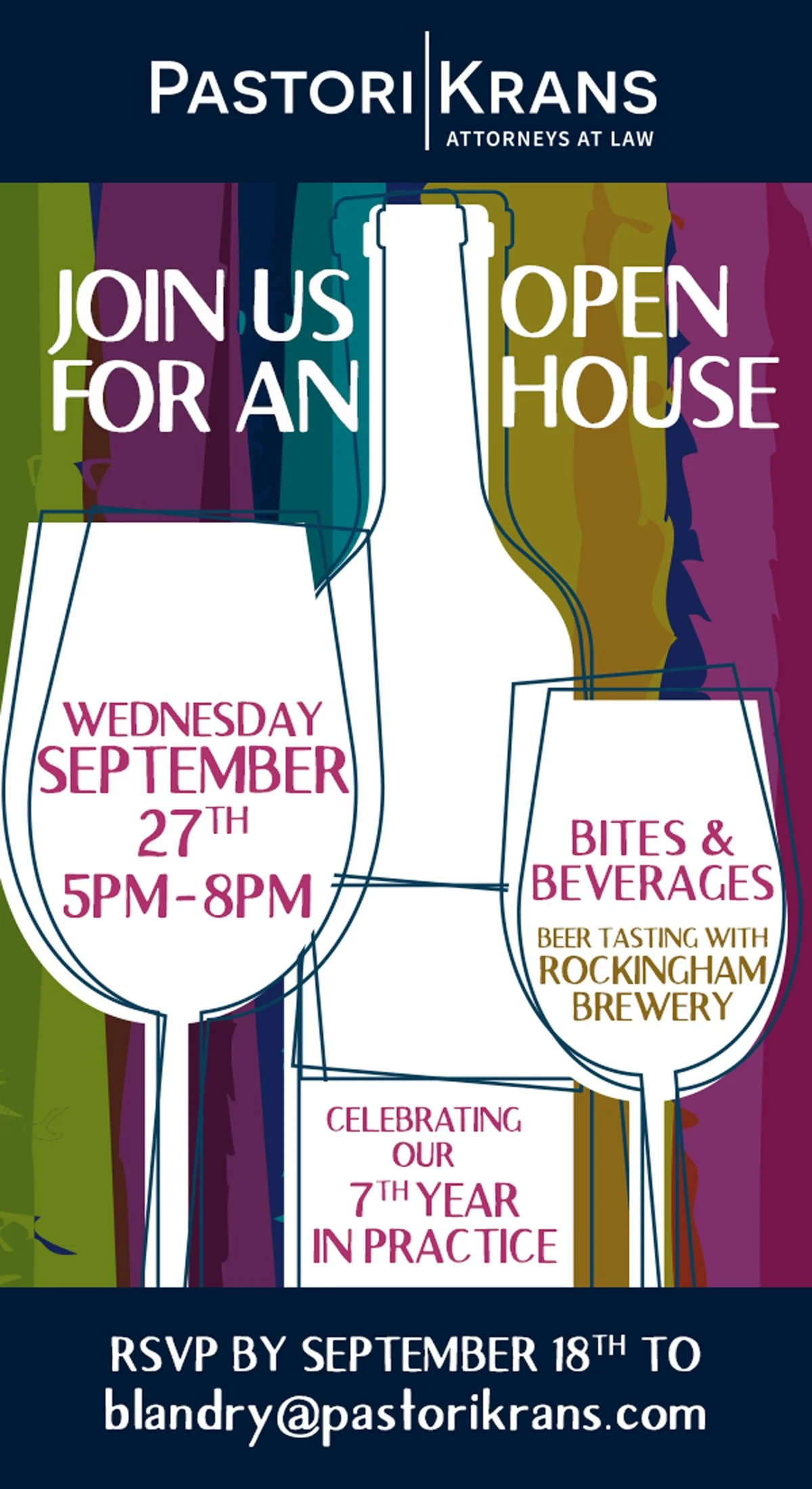 Invitation for an open house event hosted by Pastor Krans Attorneys at Law, featuring wine glasses, with details about date, time, and RSVP.