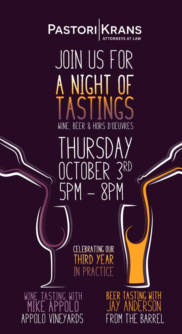 Flyer for a wine tasting event titled 'A Night of Tastings' featuring wine, beer, and hors d'oeuvres with details about wine tasting with Mike Apollo at Apollo Vineyards and beer tasting with Jay Anderson from the Barrel.