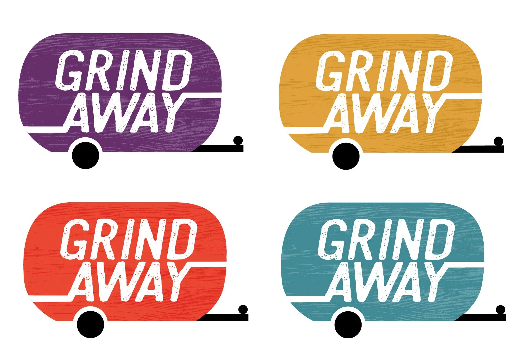 Four trailers in purple, orange, red, and teal, each with the words 'GRIND AWAY' written in white, all featuring black wheels and a side hitch.