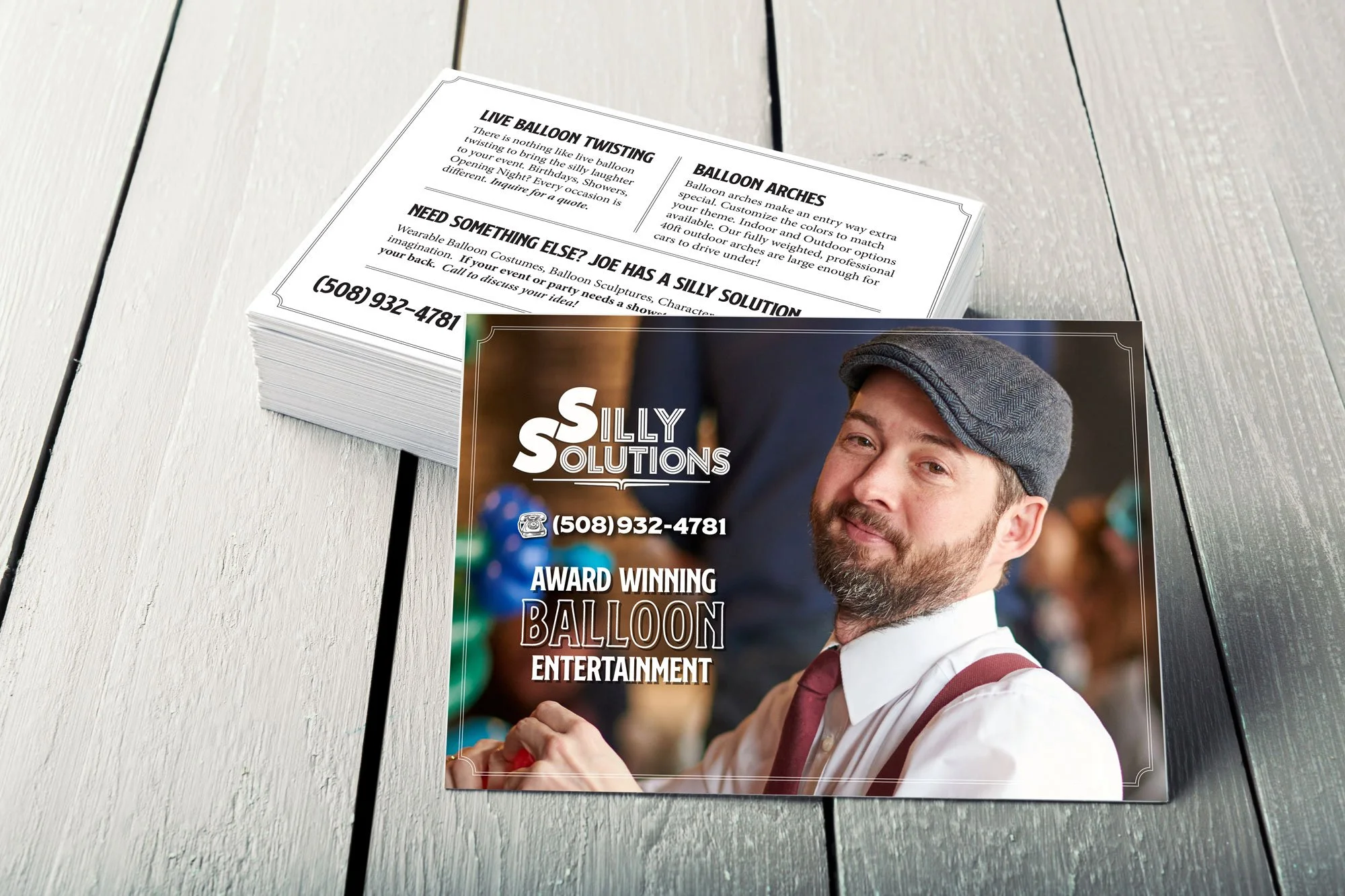 two sided postcard for Silly Solutions 