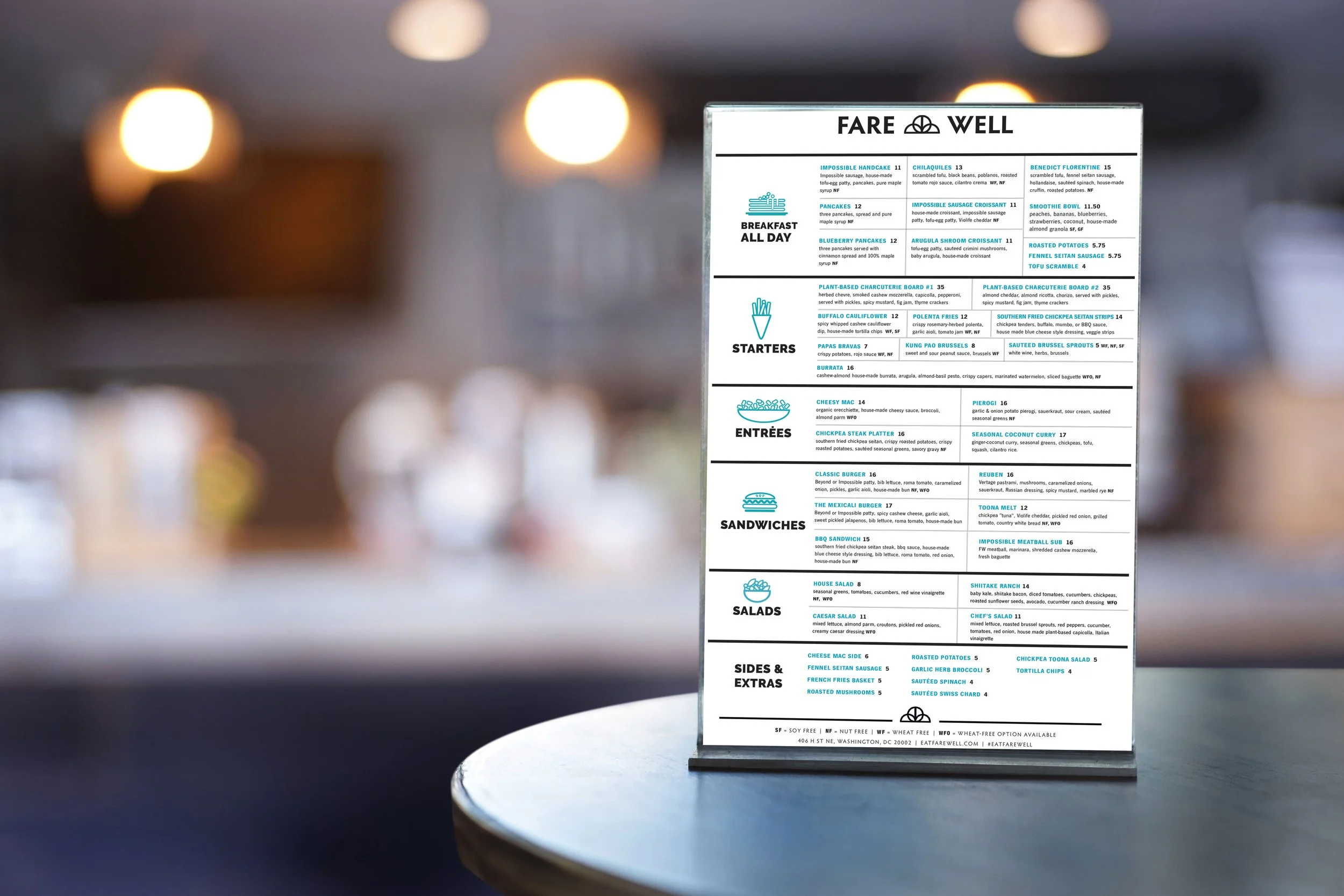 Restaurant menu for  'Fare Well' cafe and bar. Icons and design / layout by Wetherbee Creative