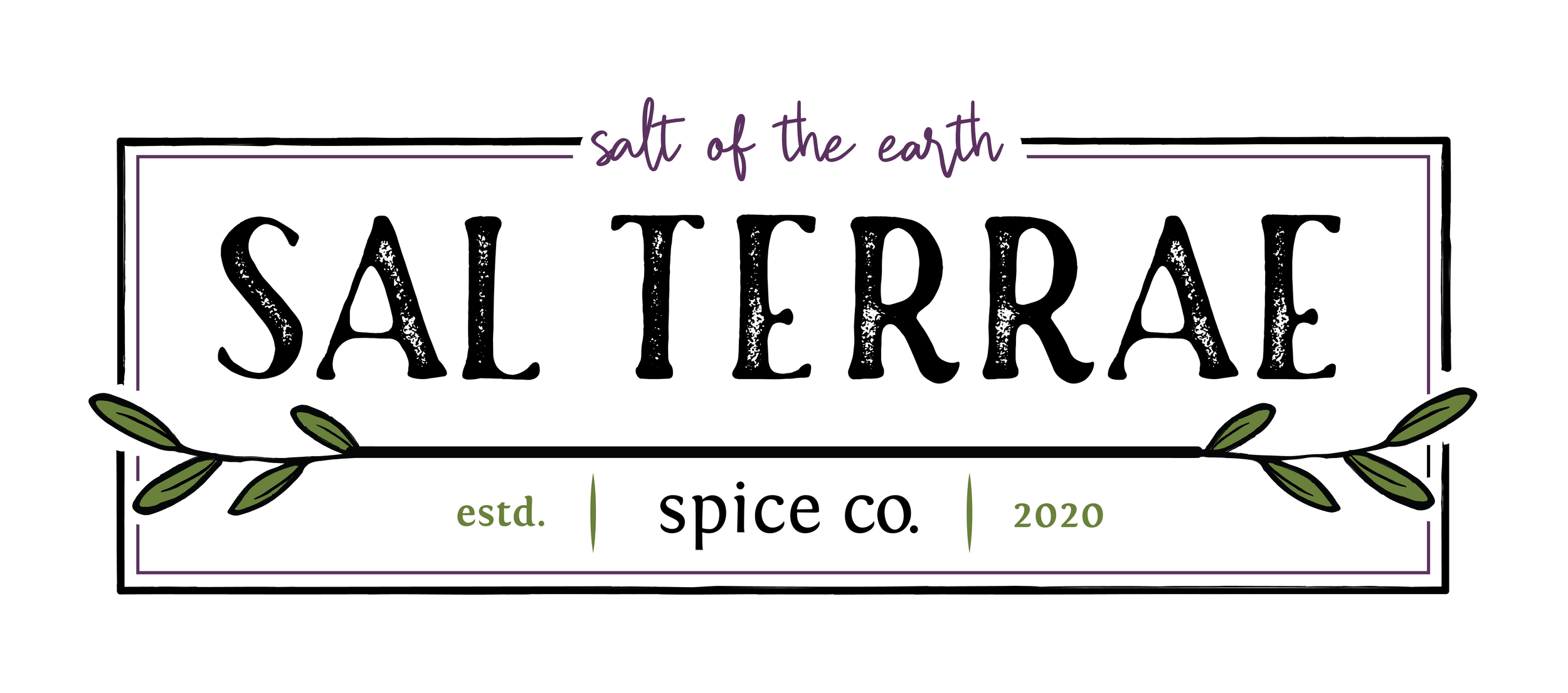 Logo for Salt of the Earth Salt Terrae, with black text and green and purple accents, featuring a simple green leaf design, indicating established in 2020 by Spice Co.