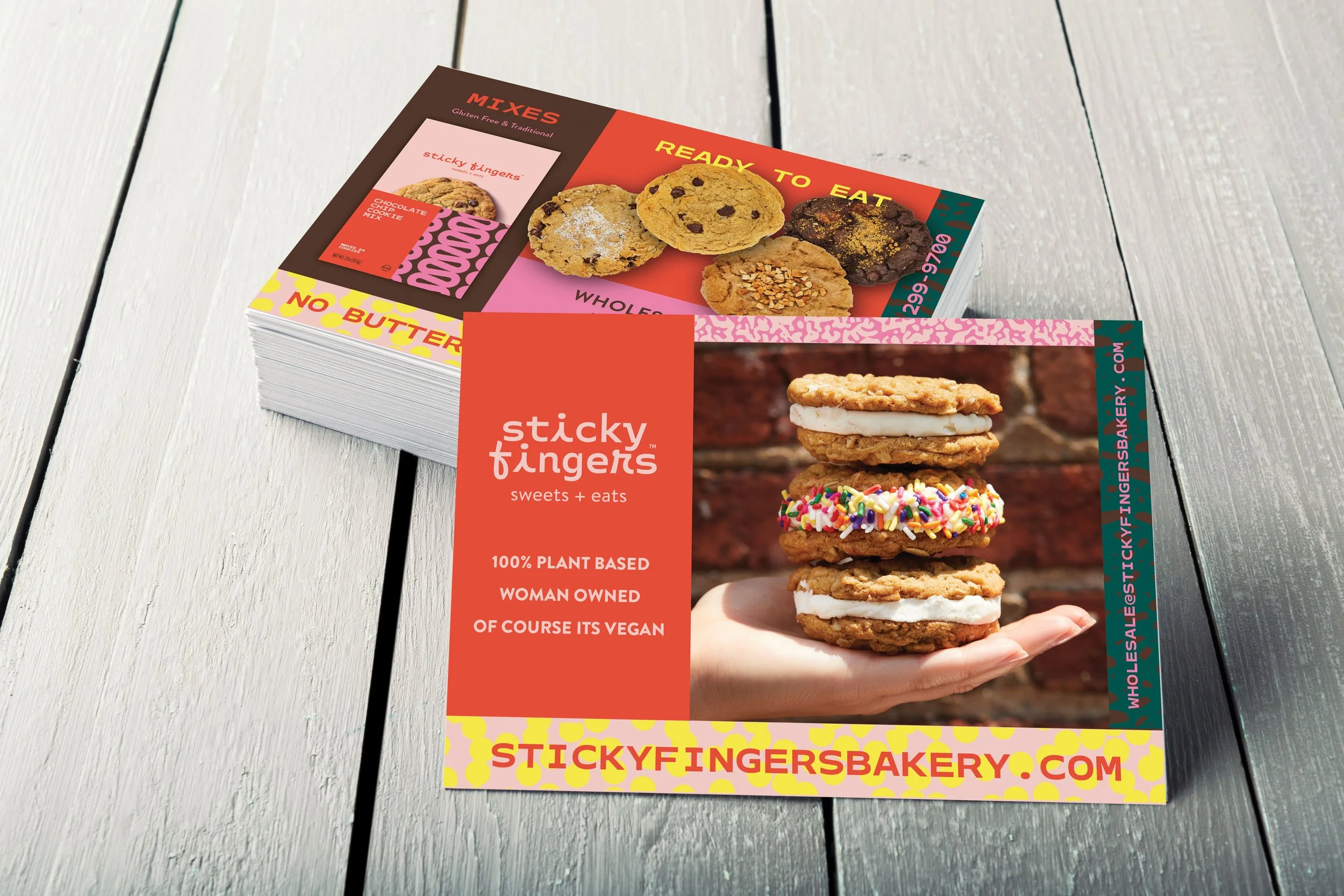 A double sided postcard / leave behind for Sticky Fingers Bakery 