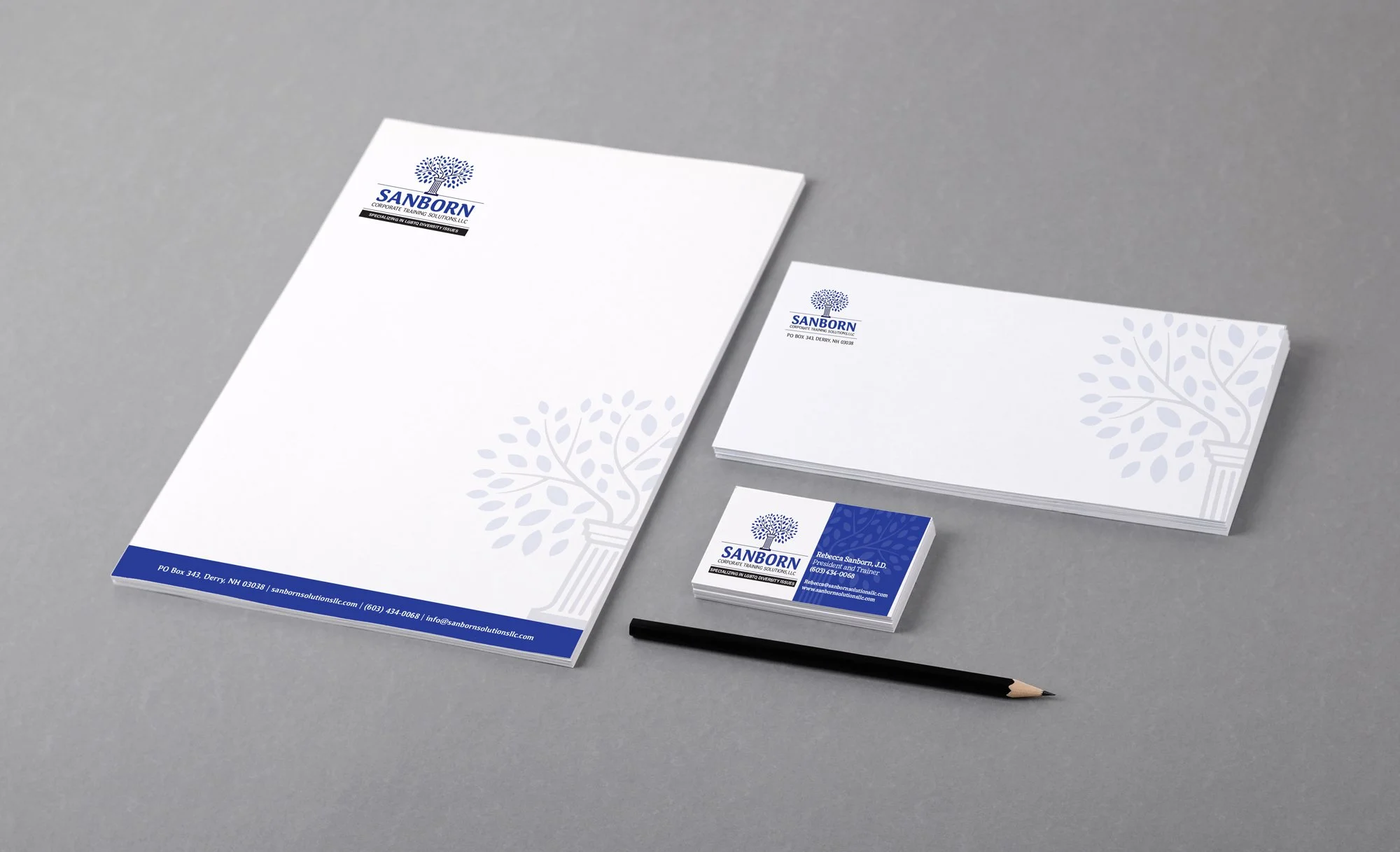 Business stationery set including letterhead, envelope, business card, and pencil on a gray surface, all branded with Sanborn Corporate Training Solutions LLC logo and blue color scheme.