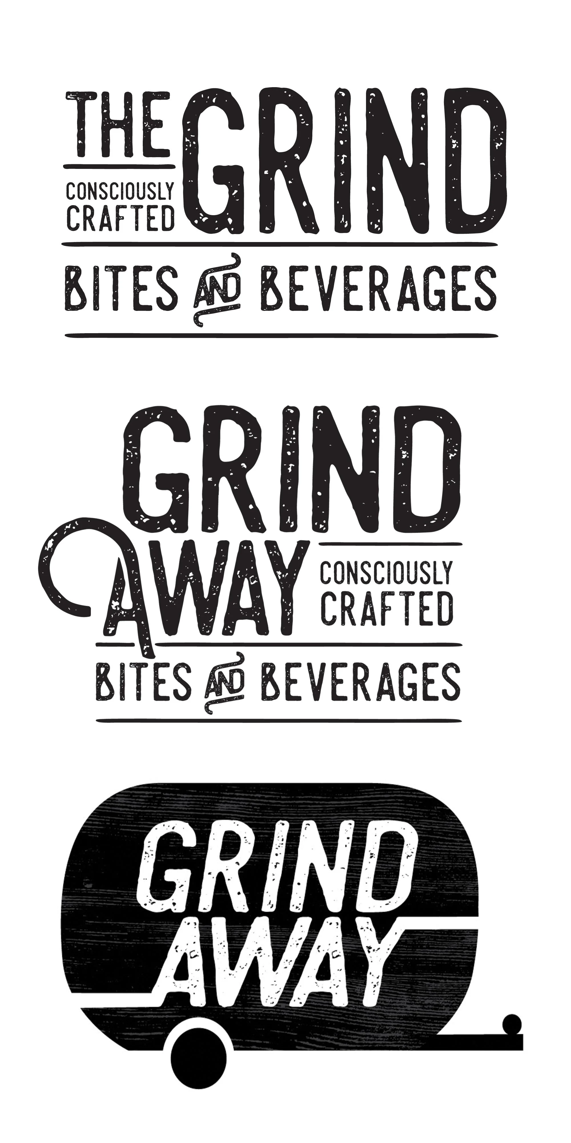 Three black-and-white graphic designs with training and motivational quotes about grinding and tasting beverages, including a coffee cup and a tea kettle.