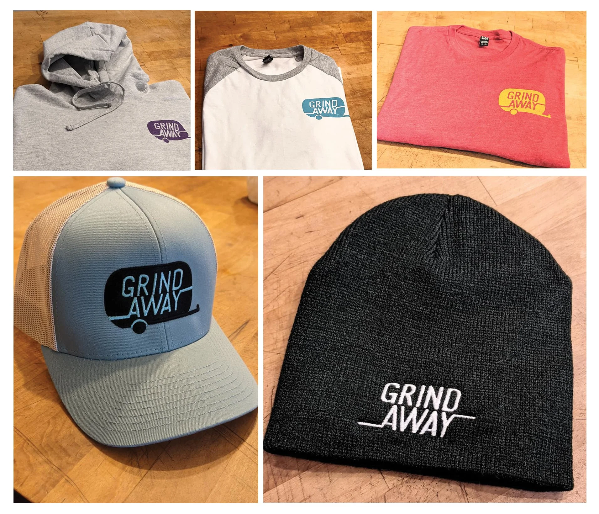 Collection of clothing and accessories featuring 'Grind Away' logo: gray hoodie, white and gray raglan t-shirt, red t-shirt, gray and white trucker hat, black knit beanie.