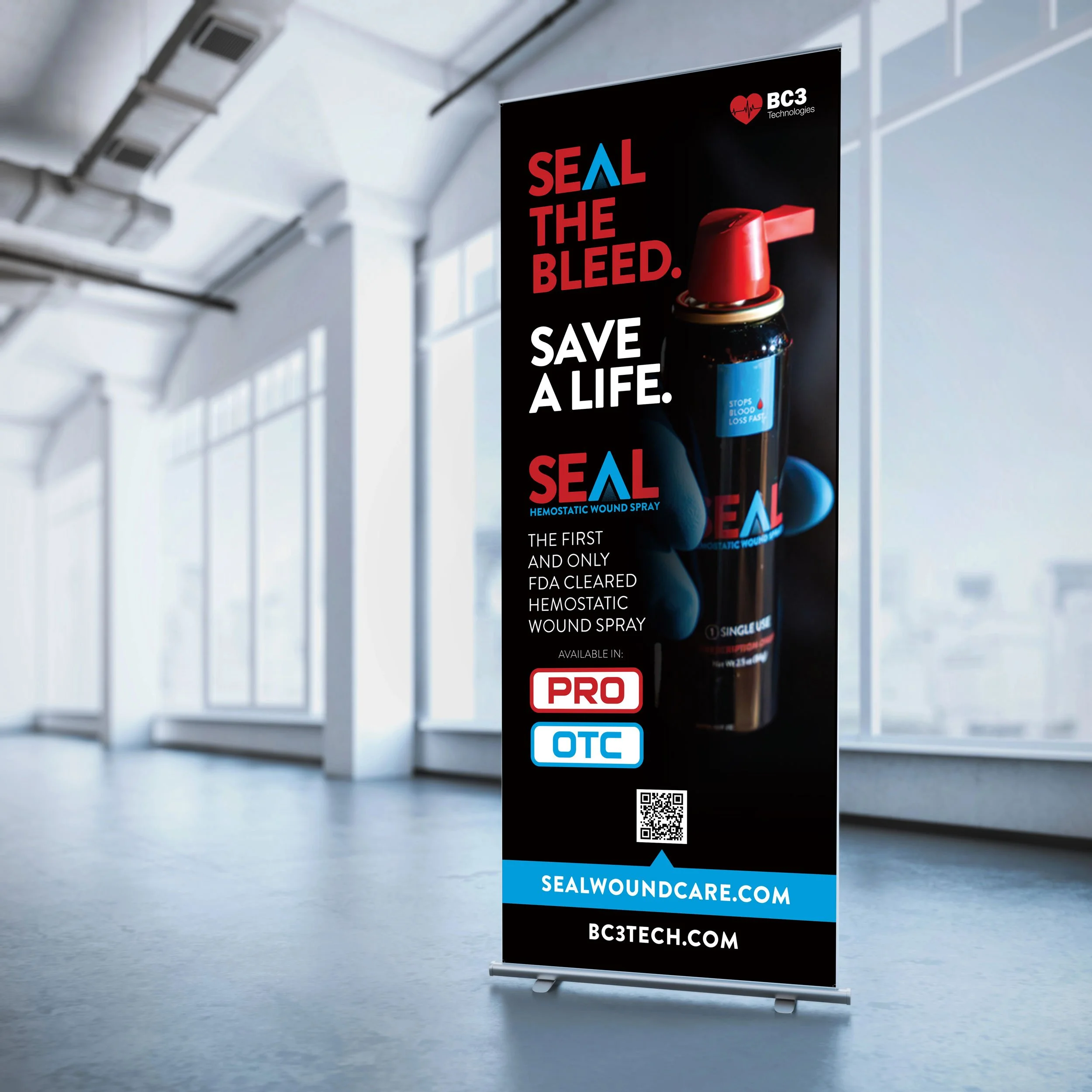 A vertical promotional banner for SEAL Hemostatic Wound Spray features a black background with red, white, and blue text, and the product image showing a small black spray can with a red cap, positioned in front of a bright, spacious room with large 