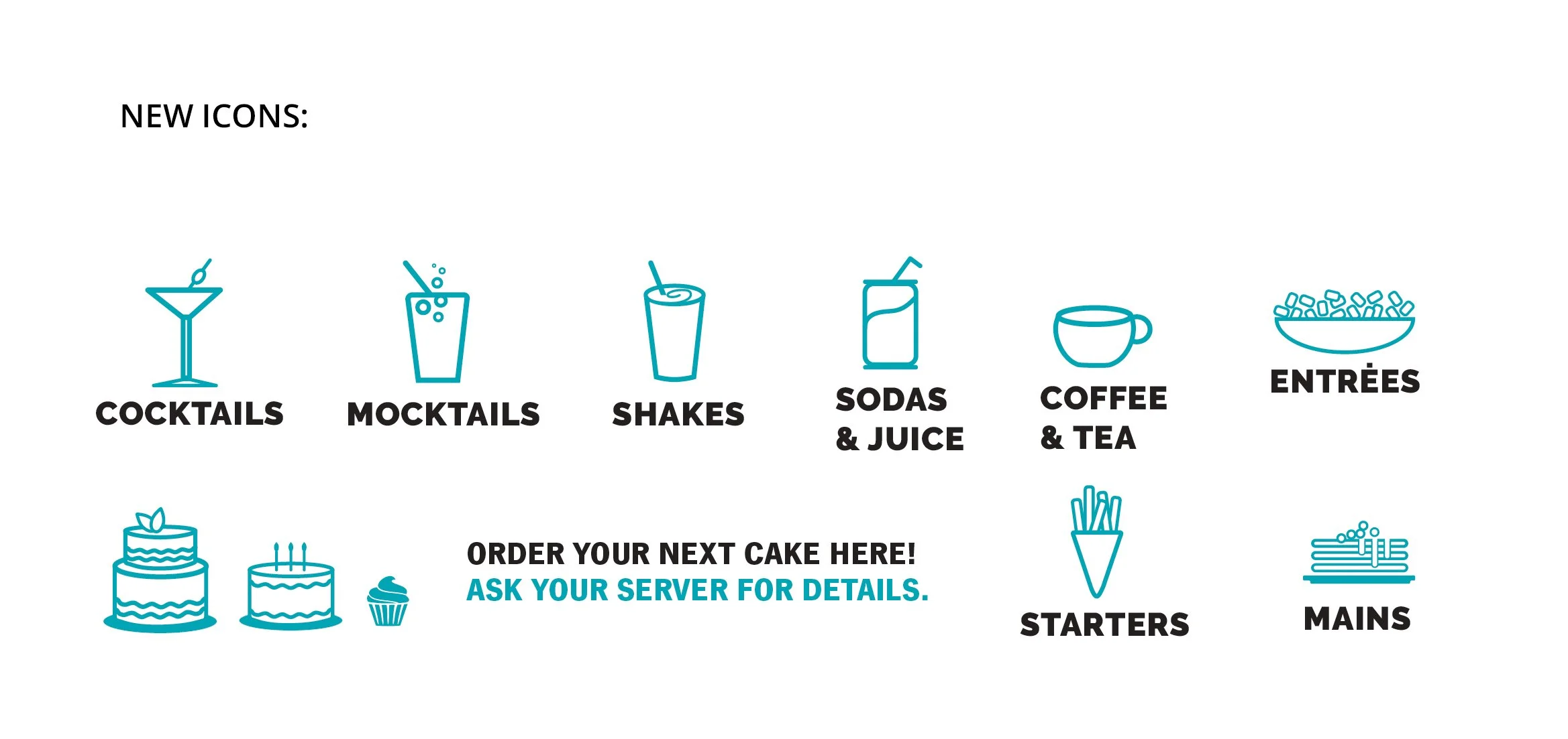Illustration of new icons for a menu, including cocktails, mocktails, shakes, sodas and juice, coffee and tea, entrees, starters, and mains.