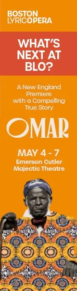 Vertical promotional banner for Boston Lyric Opera, featuring a photograph of an African woman in traditional attire. The banner advertises an event titled "What's Next at BLO?" about the premiere of "Omar" in New England, scheduled for May 4-7 at Em