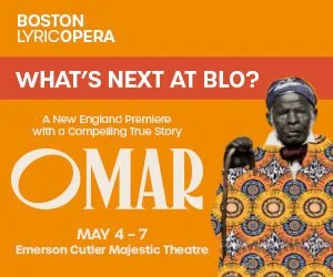 Poster for the play 'Omar' at Emerson Cutler Majestic Theatre, part of Boston Lyric Opera, running from May 4-7. The poster features a portrait of a woman in traditional African attire and head wrap, with text about the play's premiere and theme.