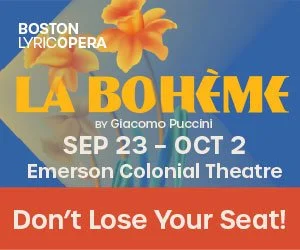 Poster for the Boston Lyric Opera's production of La bohème by Giacomo Puccini, running from September 23 to October 2 at the Emerson Colonial Theatre, with the tagline 'Don't Lose Your Seat!'
