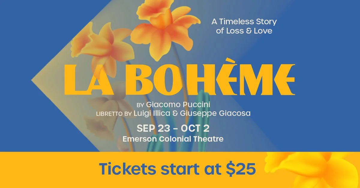 Poster for a theatrical production of La Bohème featuring orange flowers and blue background. It includes details about the story, authors, dates, venue, and ticket price.