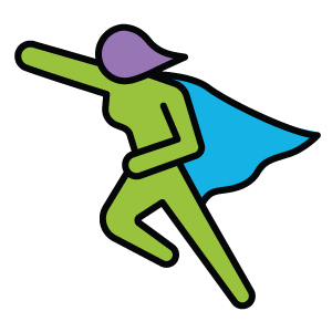 A cartoon superhero figure with a green body, purple mask, blue cape, and holding a sword.