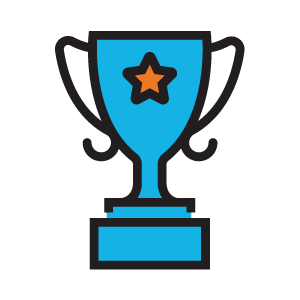 A blue trophy cup with an orange star in the center, outlined in black.