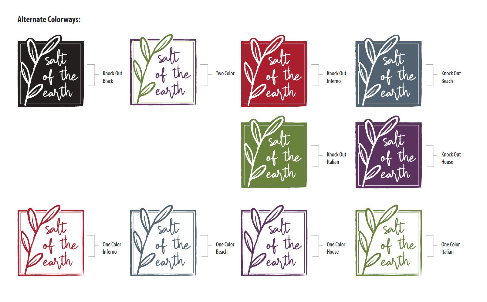 A diagram showing the different color variations and colorways for a design titled "Salt of the Earth." The design features a leaf illustration and the text "Salt of the Earth" in a handwritten font. The color variations include black, two-tone purpl