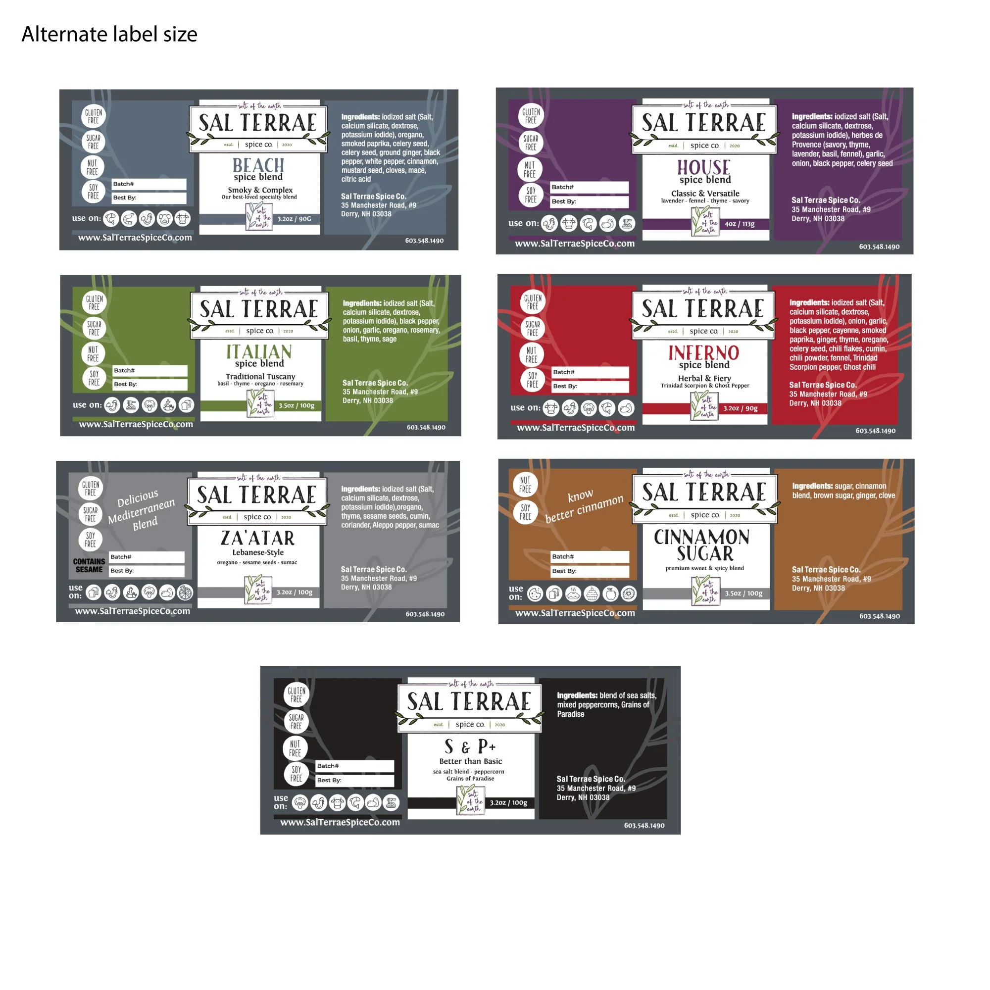 A collection of seven spice label designs from Sal Terrae, featuring different spice blends with colorful backgrounds and ingredients listed on each label.