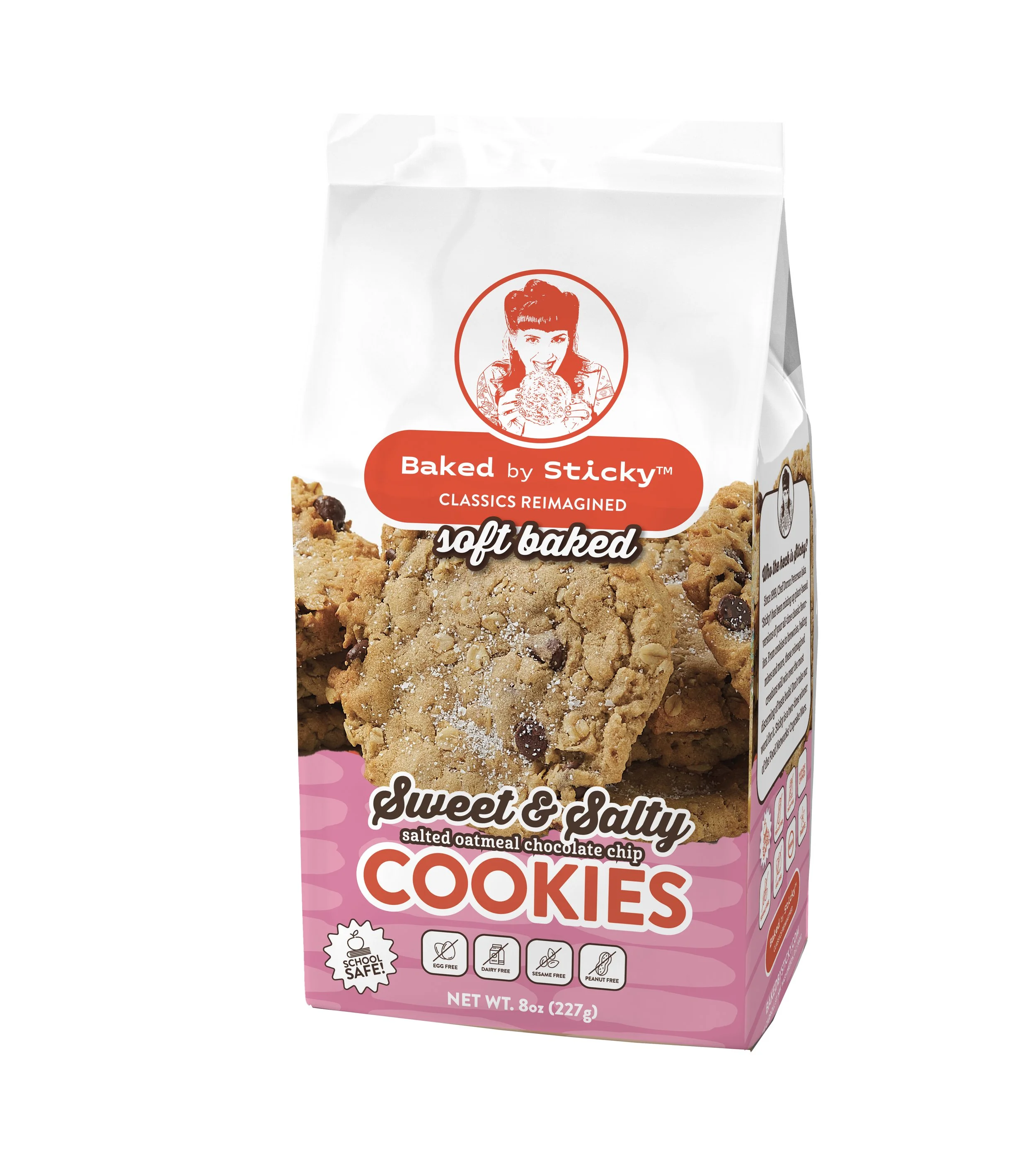 Package of Sticky baked cookies with chocolate chips, labeled 'Sweet & Salty salted oatmeal chocolate chip cookies,' featuring a woman holding a cookie on the front.
