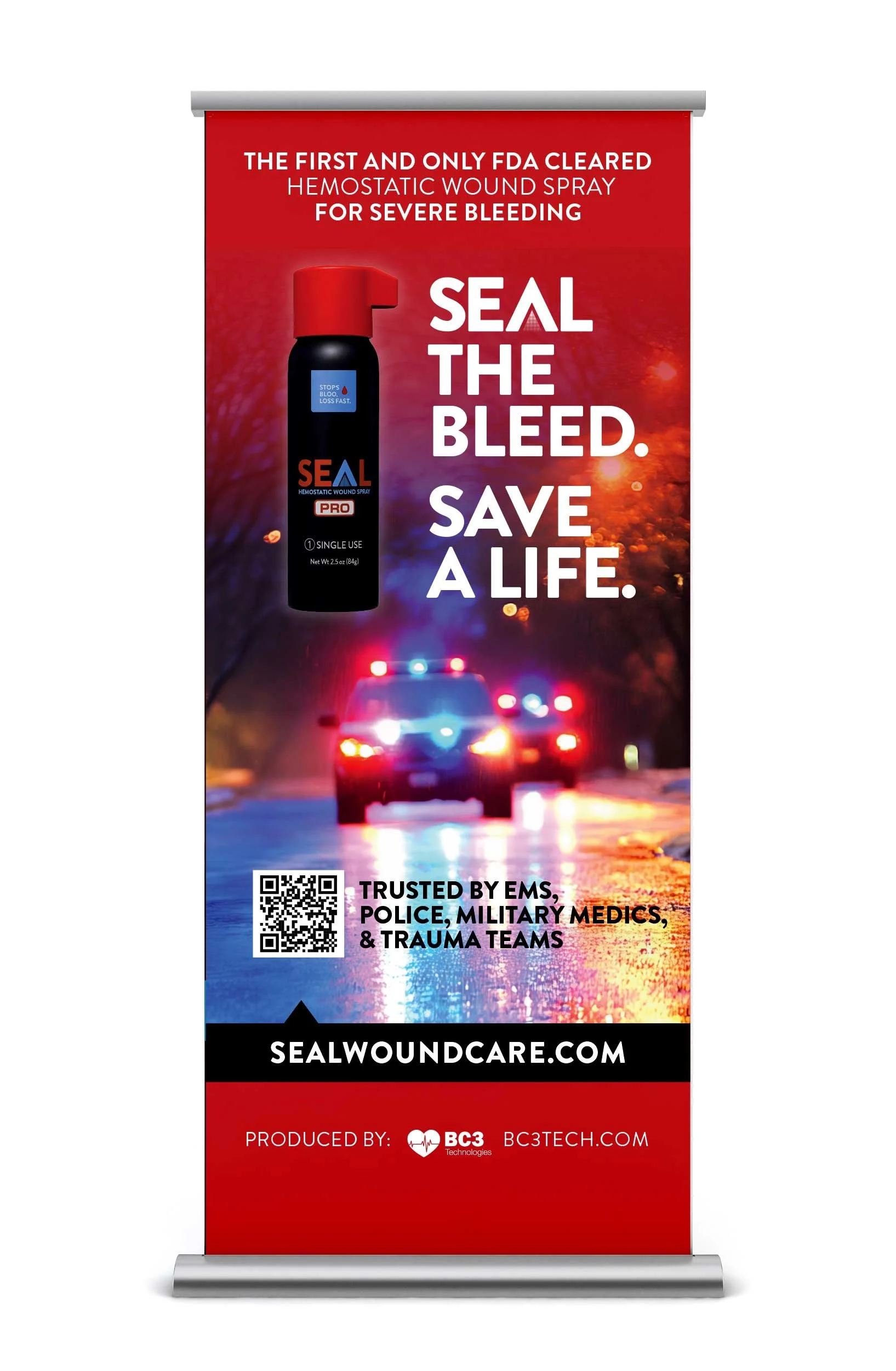 A banner advertising a hemostatic wound spray called Seal. The banner features an image of the spray can and emergency vehicle lights, with text emphasizing its FDA approval for severe bleeding, trusted by emergency medical services, police, military