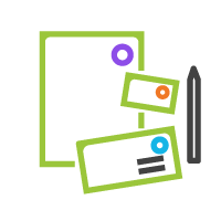 White notepad with a green border, three colorful tags (purple, orange, blue), and a black pen.