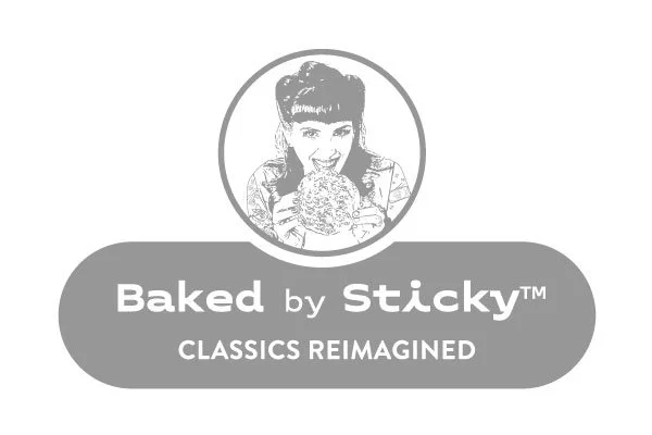 Logo for Baked by Sticky, featuring a woman holding a baked good, with the tagline 'Classics Reimagined'