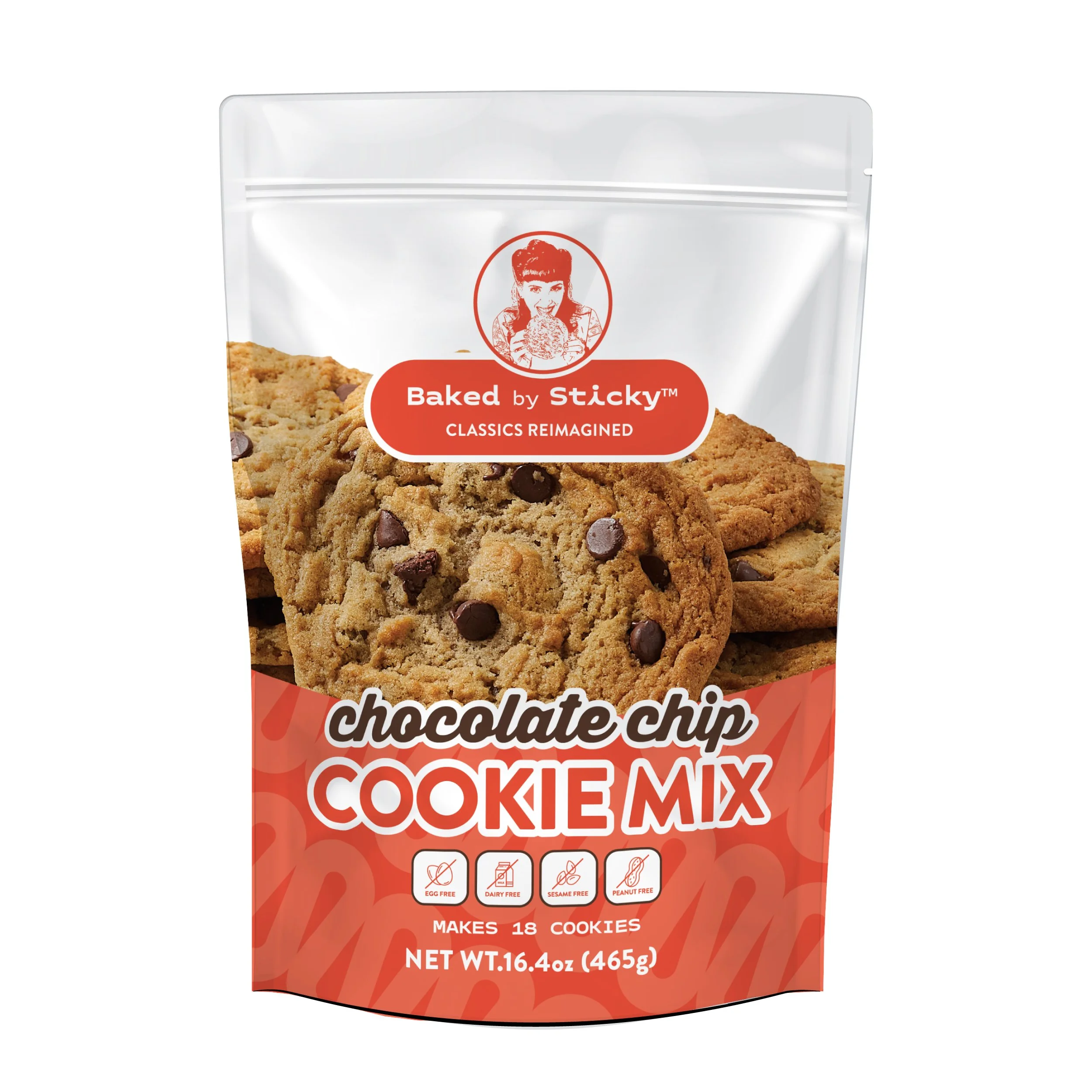 A resealable bag of Baked by Sticky chocolate chip cookie mix with images of cookies on the front.
