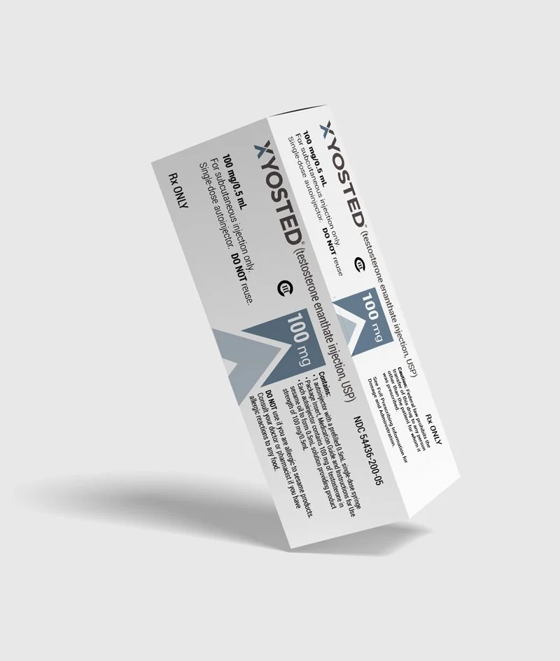 A box of testosterone medication labeled 'XYOSTED' with dosage information of 100 mg, including medical warnings and prescription details.