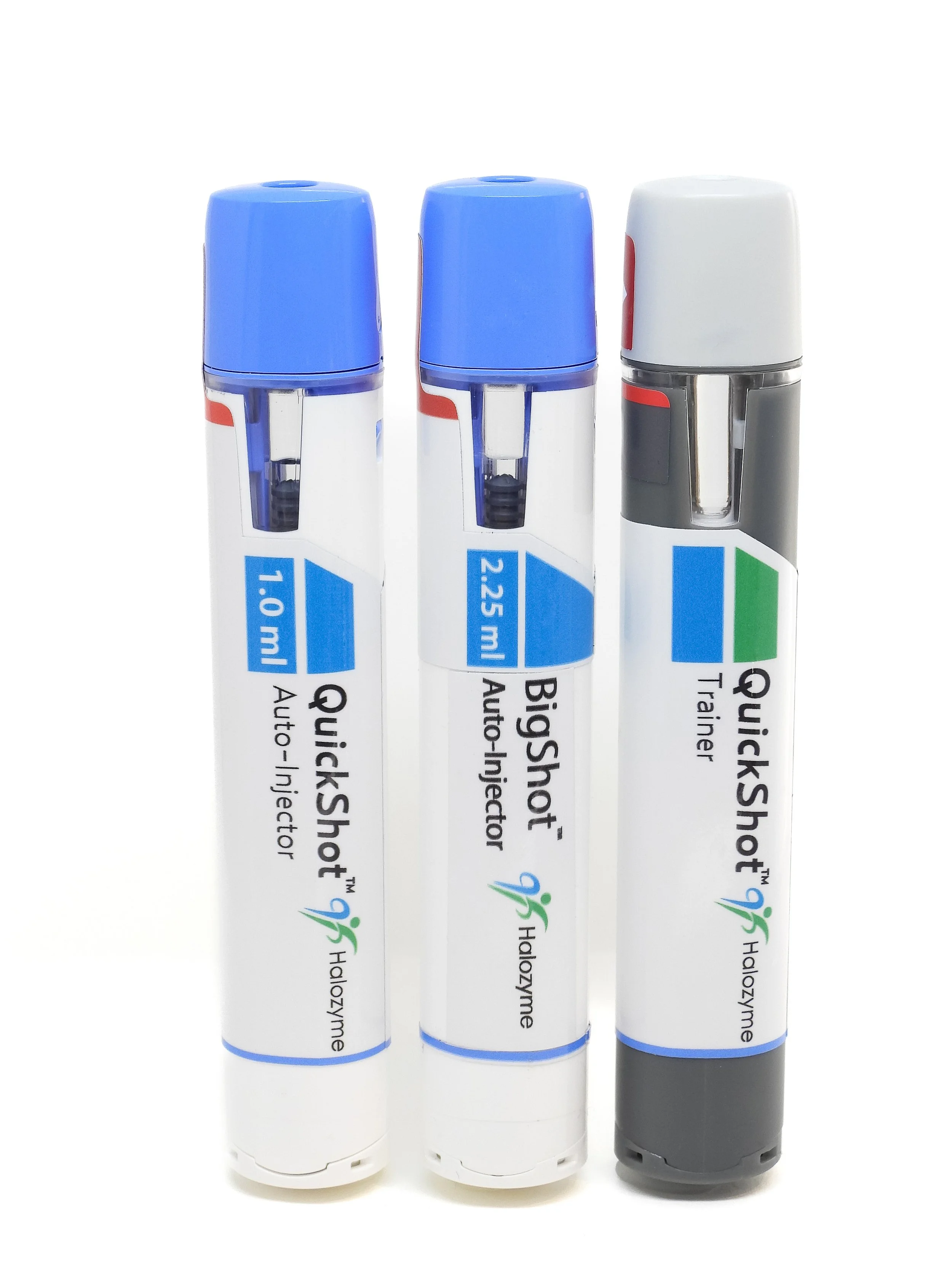Three dry erase markers with different cap colors, blue, blue, and white, standing upright on a white background.