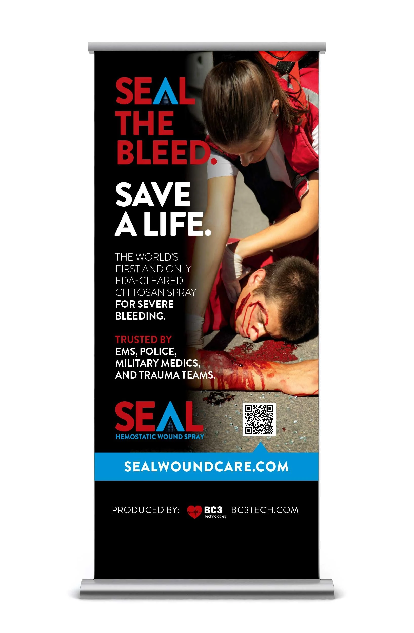 Poster advertising SEAL Hemostatic Wound Spray showing a paramedic applying first aid to a bleeding man on the ground, with text emphasizing the product's effectiveness for severe bleeding emergencies.