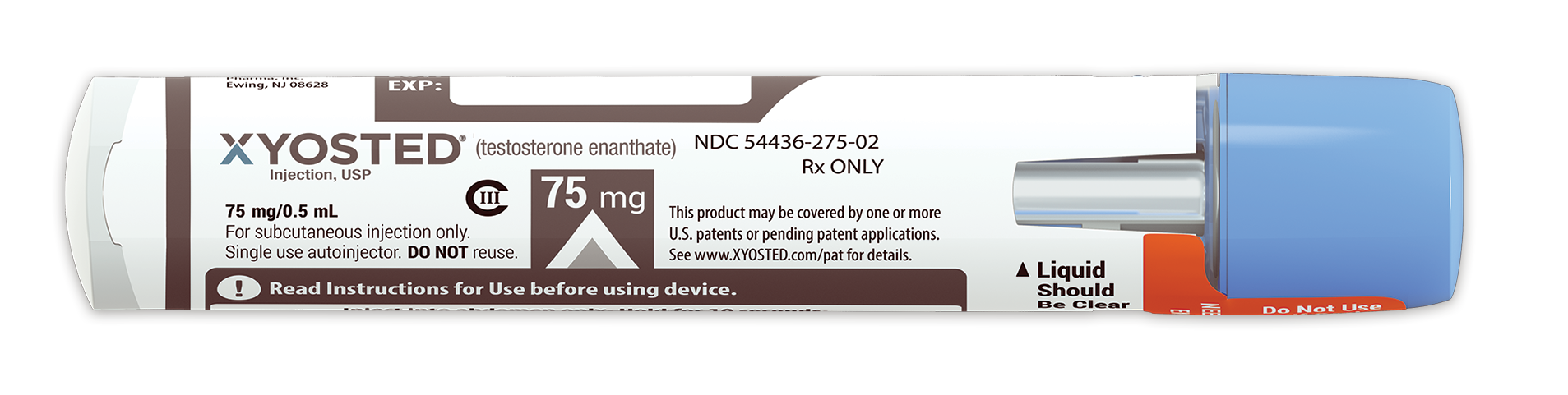 A prescription medication vial labeled XYOSTED, containing testosterone enanthate, with instructions for use and dosage information.