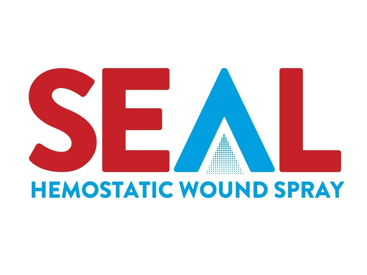 Logo for SEAL Hemostatic Wound Spray featuring the word 'SEAL' with a stylized 'A' that resembles a blue tent or shield and the tagline 'Hemostatic Wound Spray' underneath.