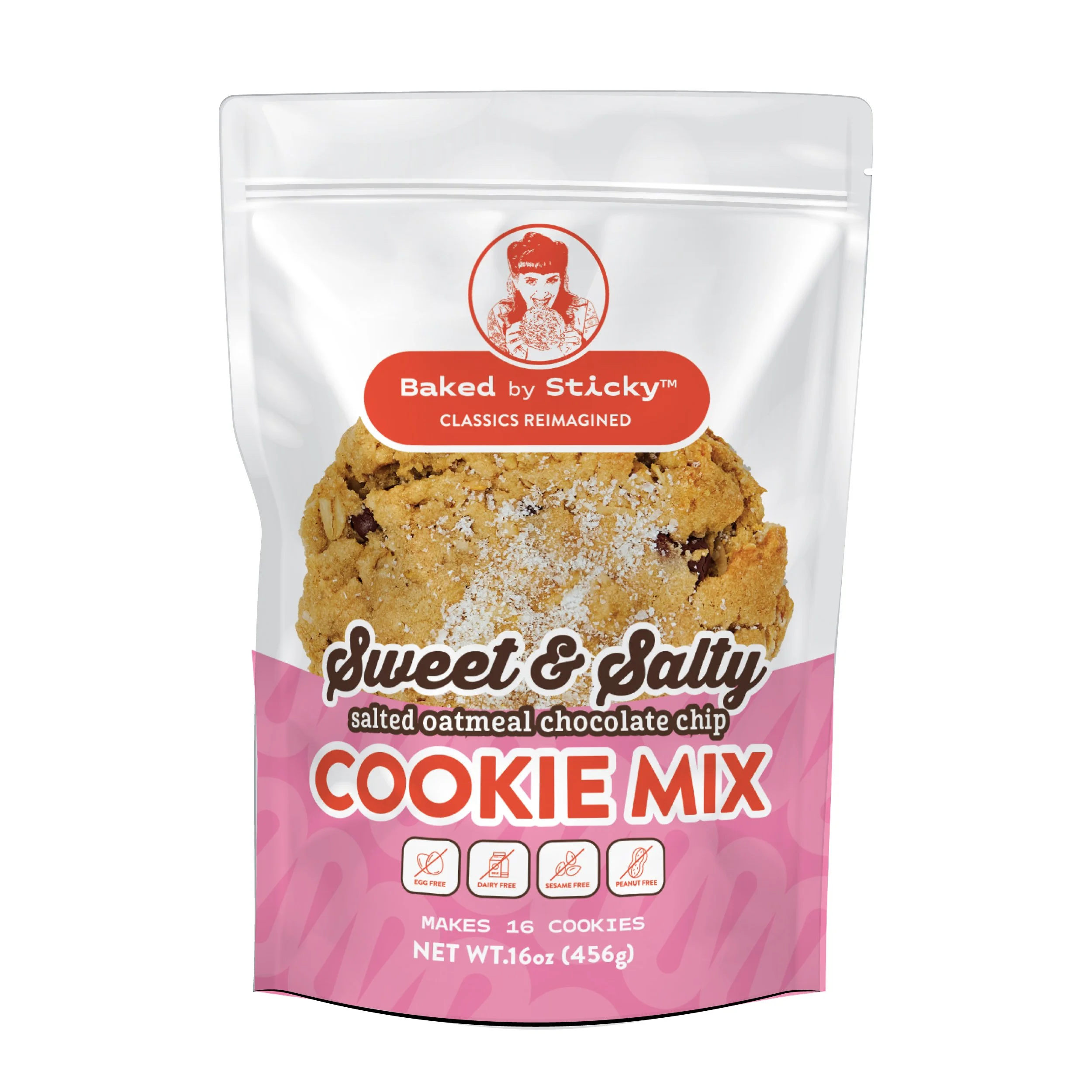 Package of Sticky Baked Sweet & Salty Cookie Mix with salted oatmeal, chocolate chips, and a large chocolate chip cookie image on the front.