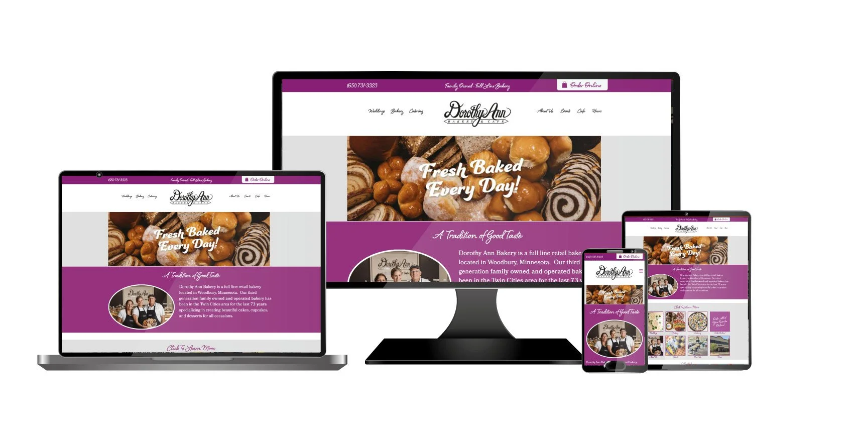 Responsive bakery website displayed on multiple devices, featuring an image of baked goods, the bakery's logo, and text promoting fresh baked products every day.