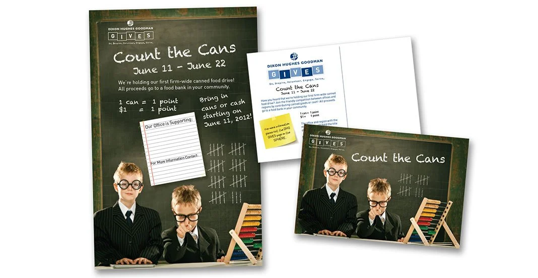 Flyers for a food drive called 'Count the Cans' taking place from June 11 to June 22, featuring children in glasses and suits, with a chalkboard background and counting tally marks.