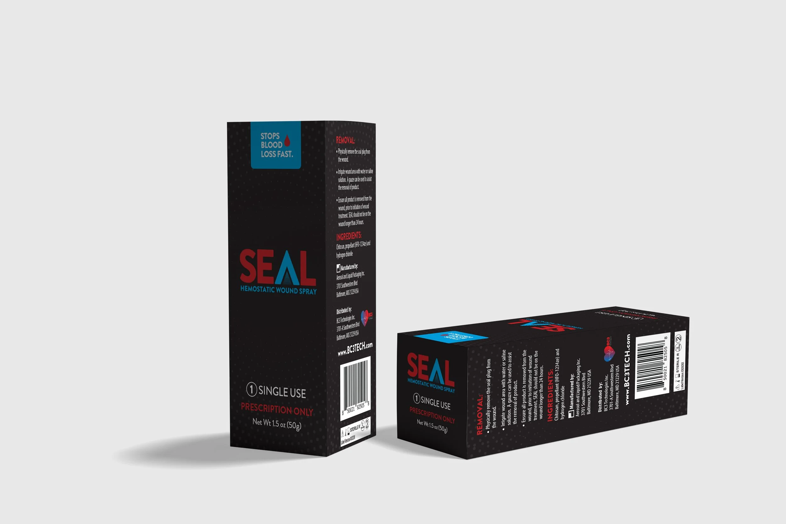 Two boxes of SEAL Hemostatic Wound Spray, black with red and blue text, one standing upright and the other lying flat, on a gray background.