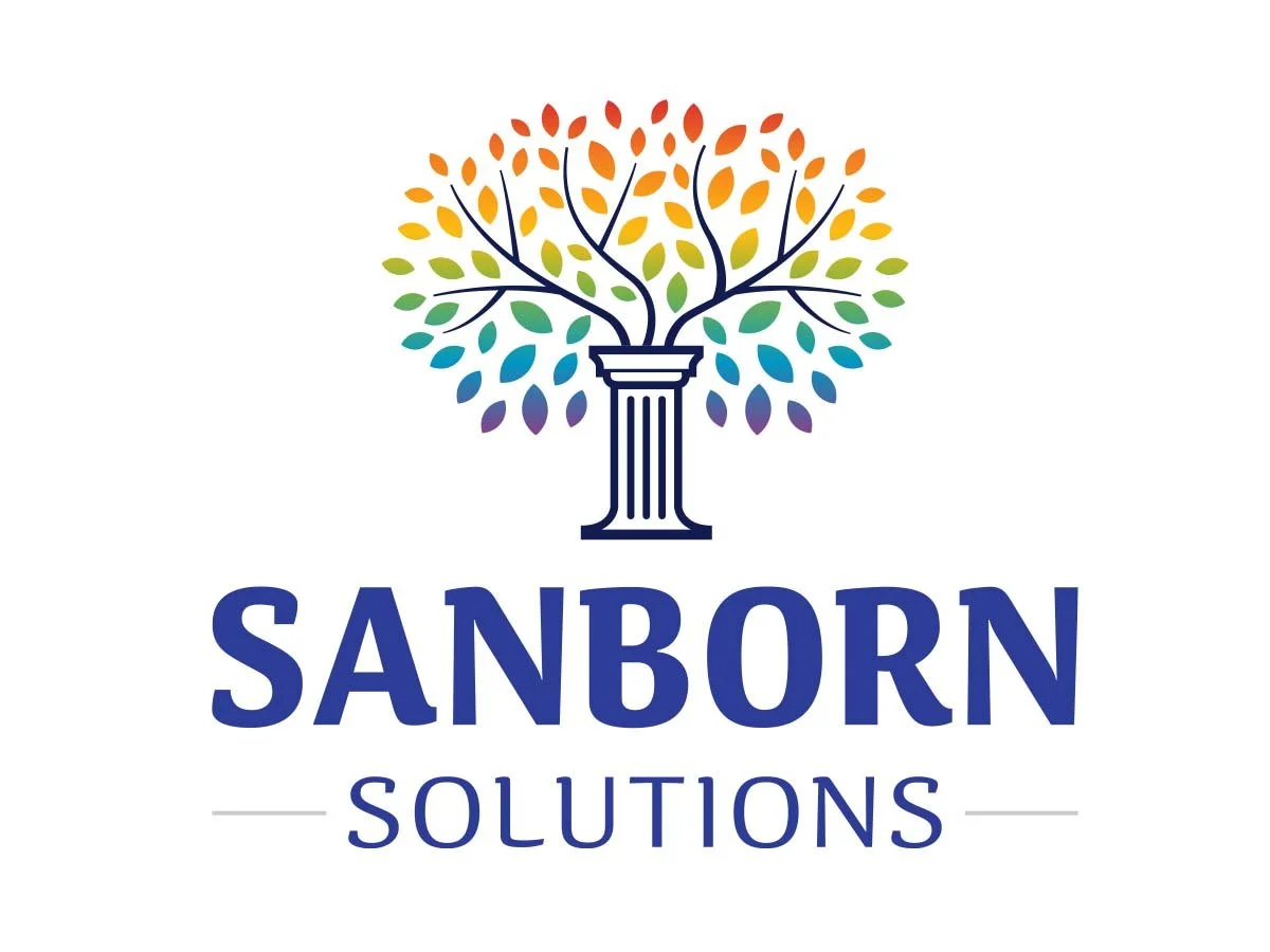 Logo for Sanborn Solutions featuring a colorful tree with leaves in rainbow colors growing from a classical column