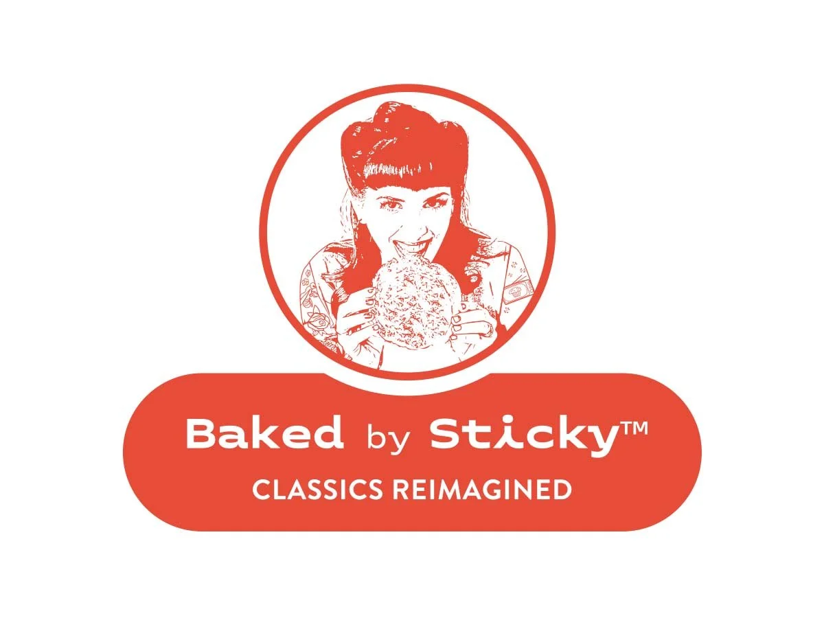 Logo for Baked by Stäcky featuring a vintage-style illustration of a smiling woman with dark hair, holding a large baked dish, with the text 'Baked by Stäcky' and the slogan 'Classics Reimagined'.