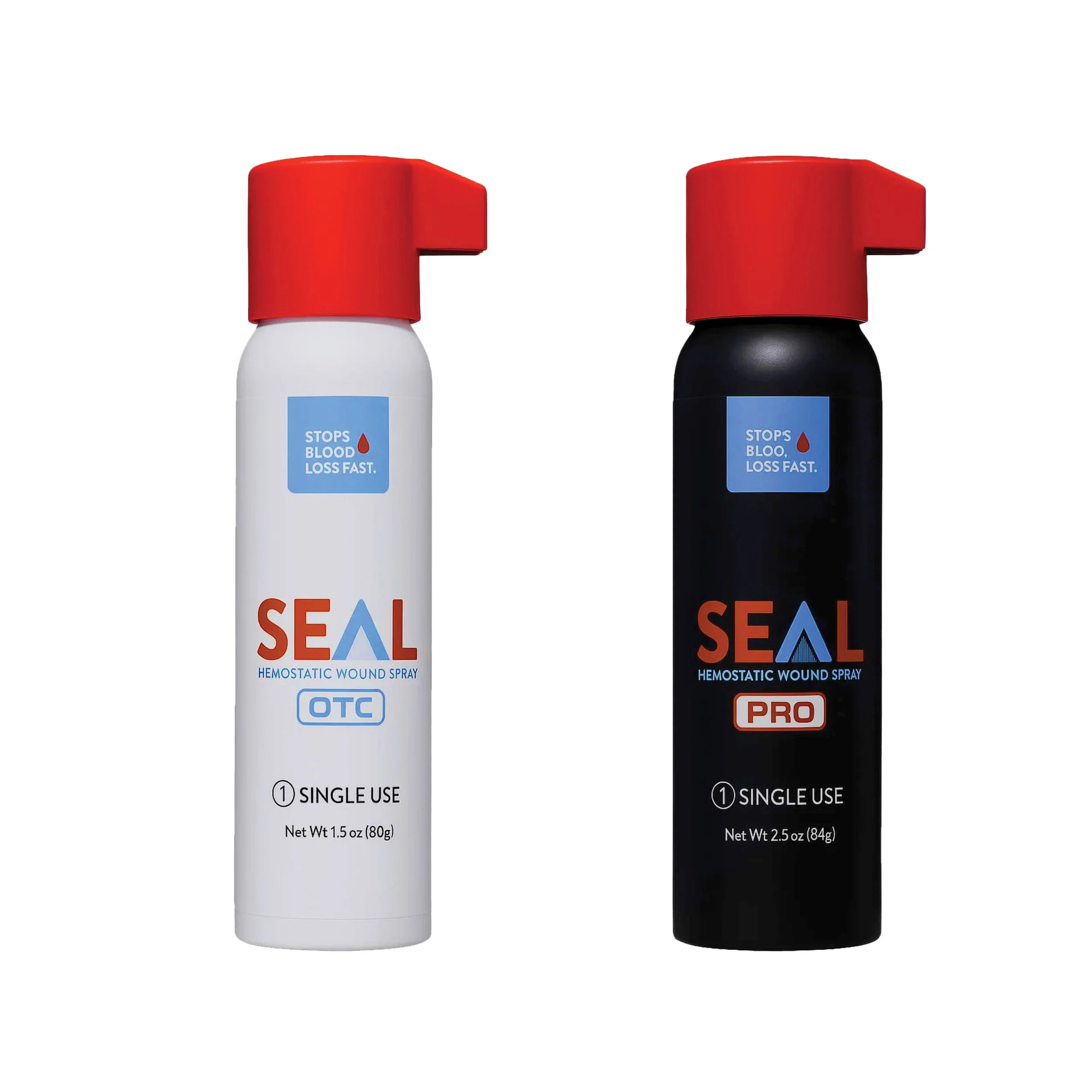 Two bottles of SEAL hemostatic wound spray, one white labeled OTC and one black labeled PRO, with red spray caps.
