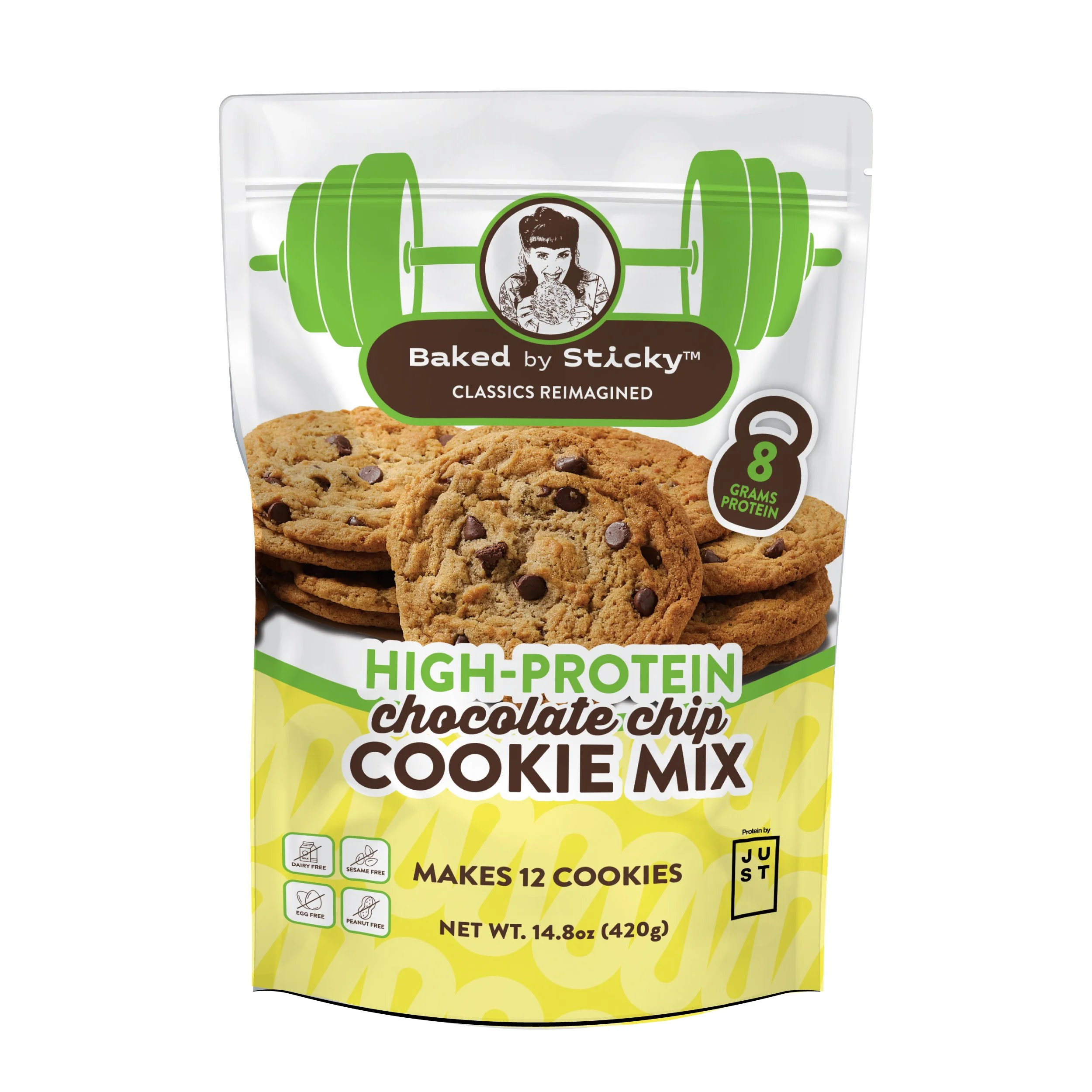 Package of Baked by Sticky high-protein chocolate chip cookie mix showing cookies, weight, and nutritional icons.