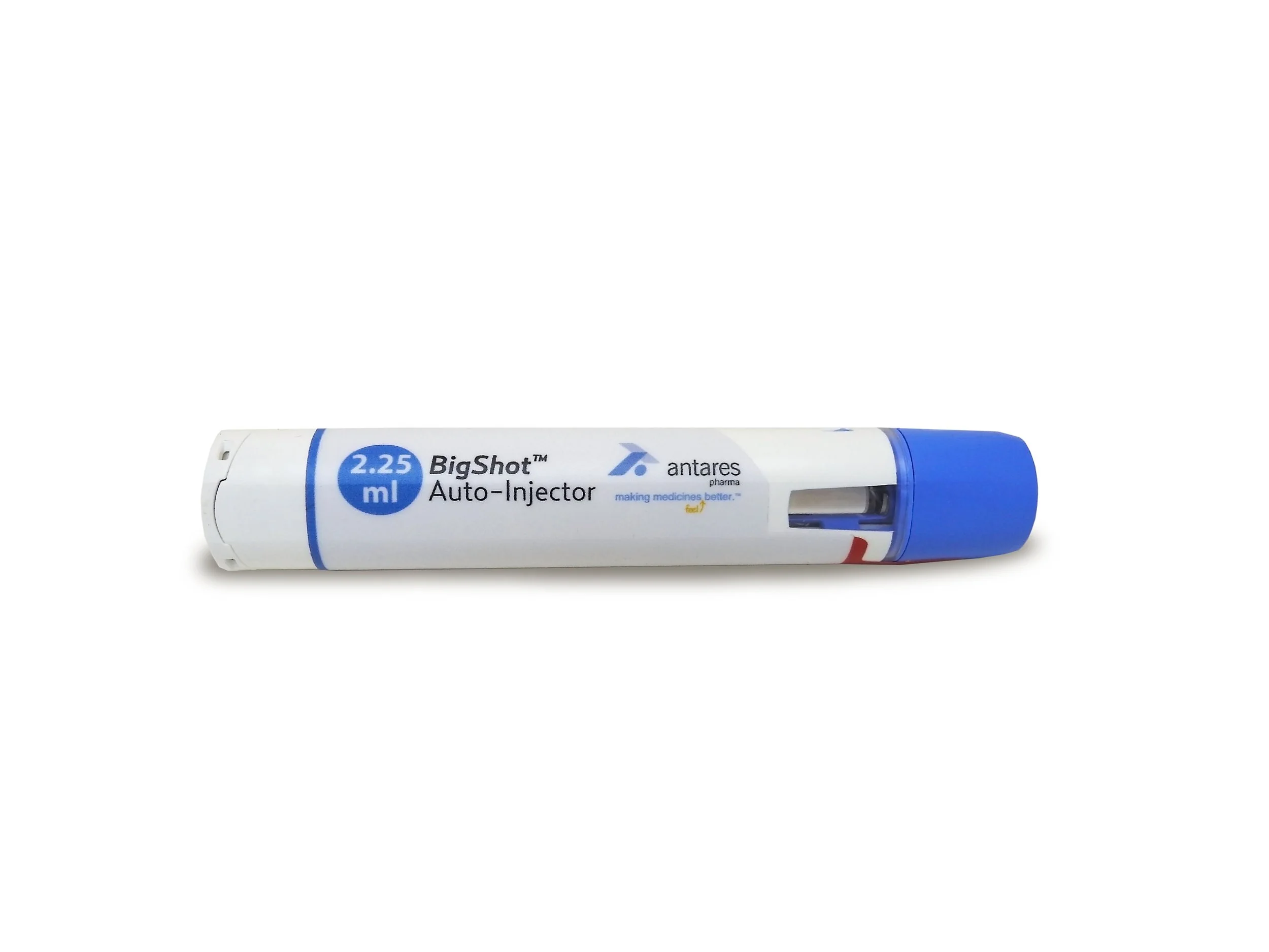 A medical auto-injector pen labeled 'BigShot 2.25 ml' with blue and white casing, a clear window, and a blue cap.
