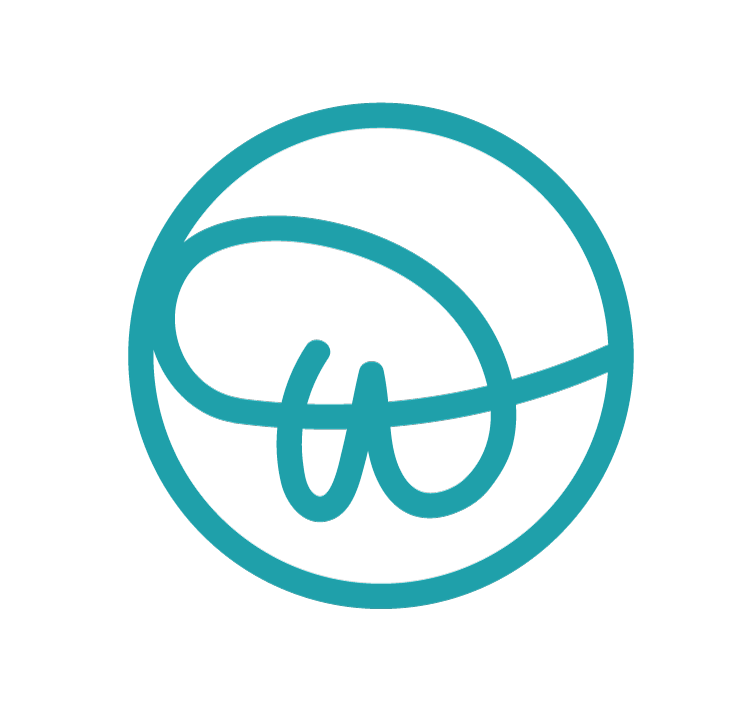 A stylized logo featuring a circular design with overlapping loops and lines in teal on a black background.