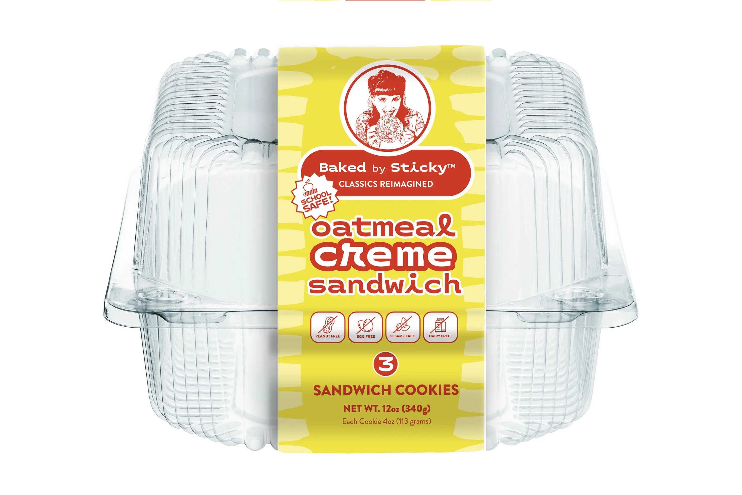 Clear plastic container holding three oatmeal creme sandwich cookies labeled 'Sandwich Cookies' with a yellow and red label on top. The label features a woman holding a cookie, and mentions that the cookies are peanut free, egg free, sesame free, and