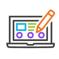 Icon of a laptop with a pencil writing on a digital document or form.